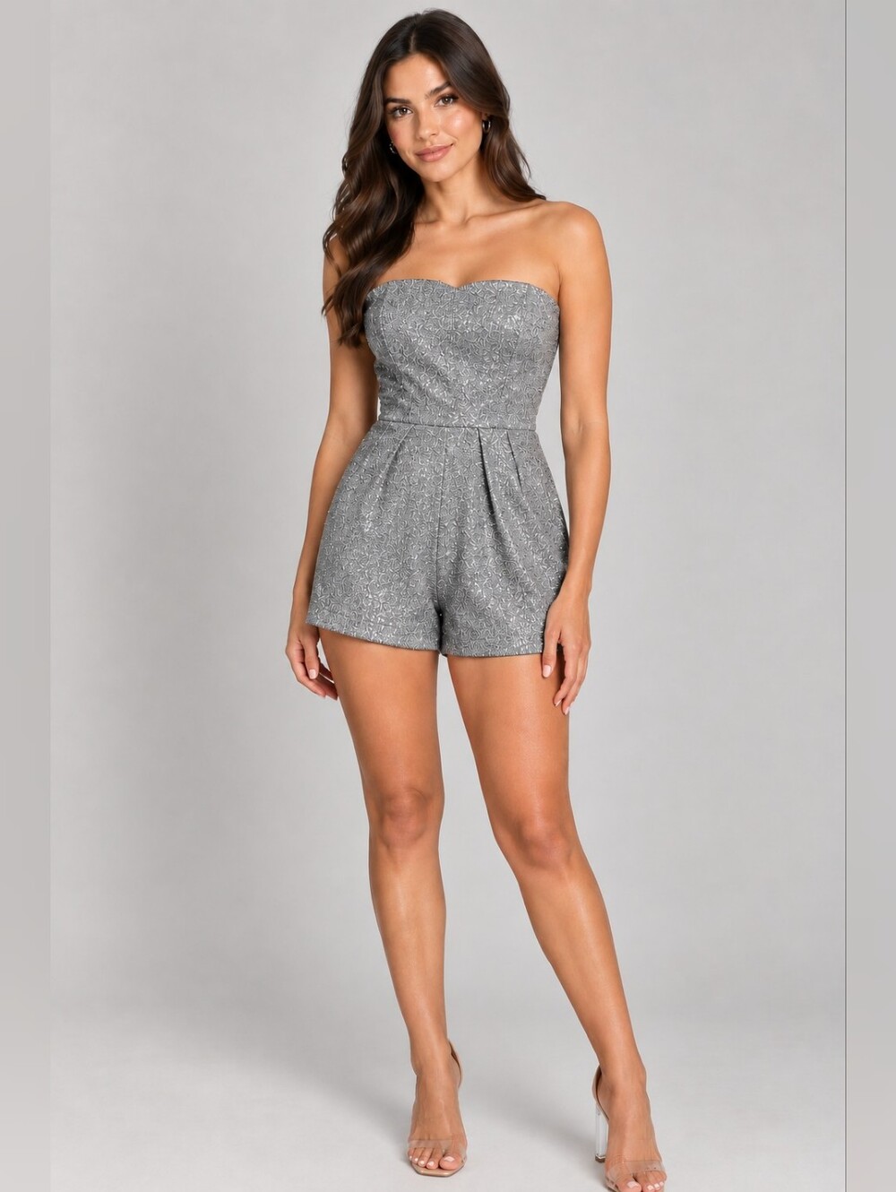 Fashion Nova Strapless Silver Glitter Romper